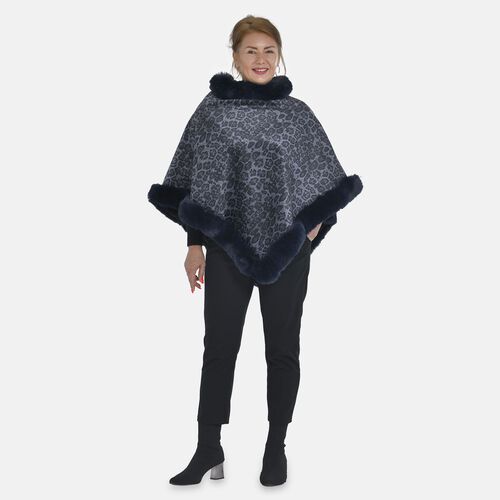Kunstfell Poncho mit Leopardenmuster, dunkelblau image number 0