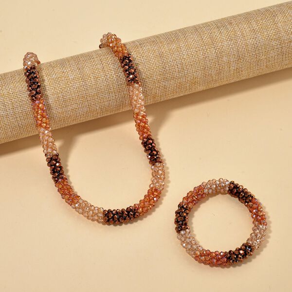2er Set - Mehrfarbiger Kristall Halskette und Armband, flexibel, Orange-Grün image number 2