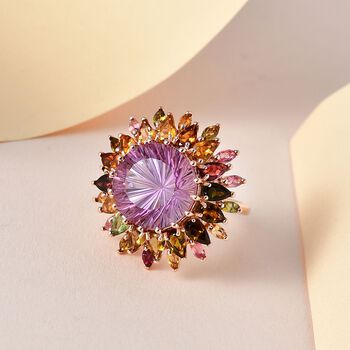Hanabi Schliff - Rose De France Amethyst und mehrfarbiger Turmalin-Ring - 14,22 ct.