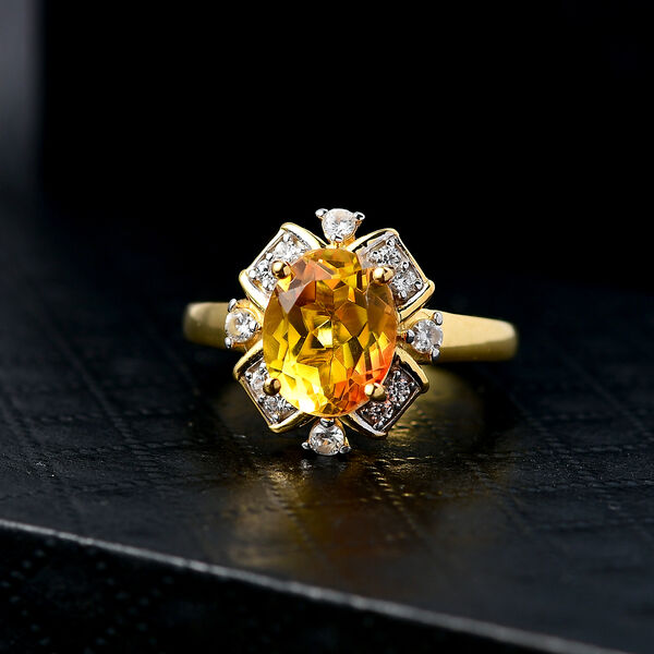 D'Joy - Sonnenstrahlen-Design Sphaleros Quarz, Wei&szlig;er Zirkon Ring 925 Silber 750 Gelb Vergoldet (Gr&ouml;&szlig;e 21.00) ca. 3.46 ct image number 2