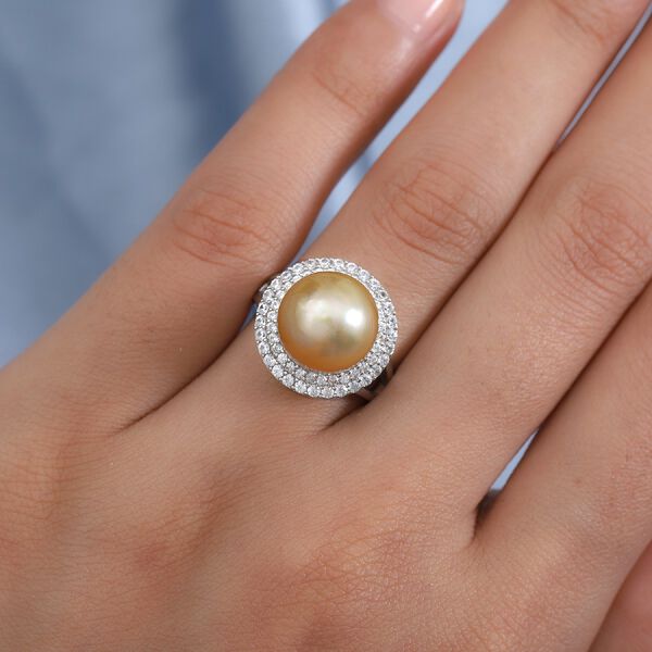 Royal Bali Kollektion - S&uuml;dsee Perle und Zirkon Ring 925 Silber platiniert  ca. 0,70 ct image number 2