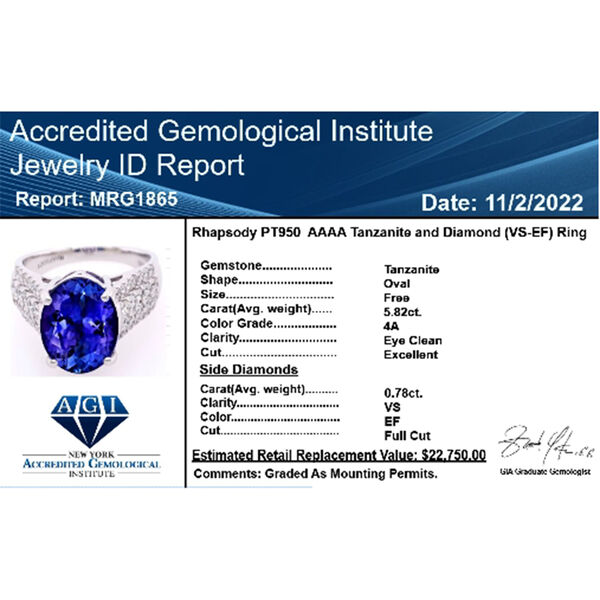 RHAPSODY zertifiziert und geprüft AAAA Tansanit und VS-EF Diamant Ring in 950 Platin - 6,60 ct. image number 7