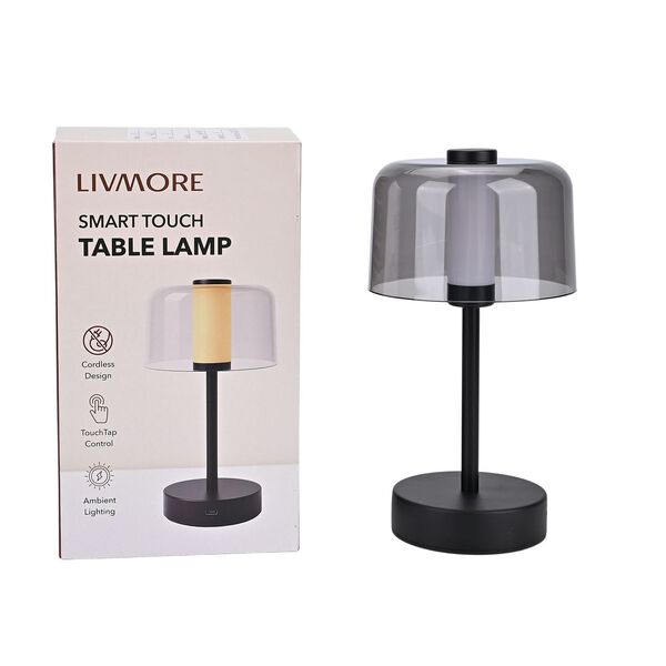 LIVEMORE Transparente Pilz-Tischlampe, kabellos, wiederaufladbar, 3 Lichtfarben, Smart Touch, Schwarz