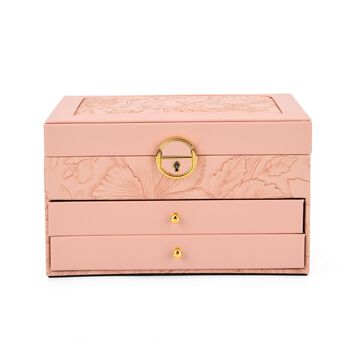 3-lagige PU Schmuckk&auml;stchen mit gepr&auml;gtem Blumenmuster, 22x17x13 cm, Rosa