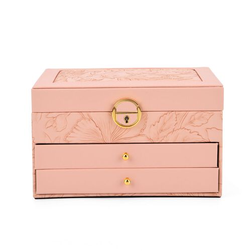"PU 3 layer Jewelry box with debossed flower pattern, 22x17x13cm, Pink " image number 1