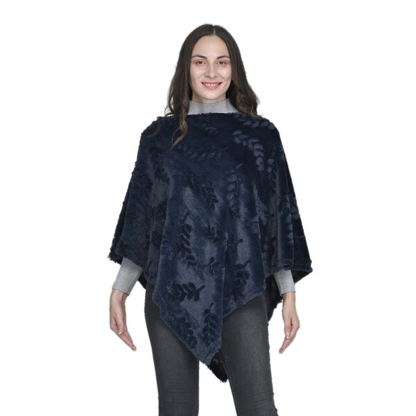 Damen Kunstfell Poncho, Einheitsgr&ouml;&szlig;e Blattmuster, Dunkelblau