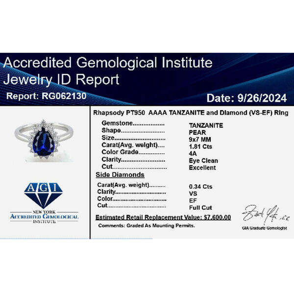 RHAPSODY zertifiziert und geprüft AAAA Tansanit und VS-EF Diamant Ring in 950 Platin - 2,15 ct. image number 8