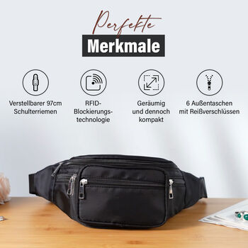 Nylon-G&uuml;rteltasche mit RFID-Schutz, 37x10x13,5cm, Schwarz