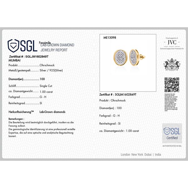 LUXURIANT SGL zertifizierte SI-GH Labor Diamant Ohrringe, 925 Silber Gelbgold Vermeil - 1 ct. image number 4