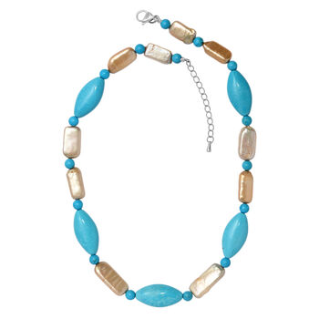 Blau gef&auml;rbte Magnesit und gelb gef&auml;rbte Perle-Halskette,  45+5cm