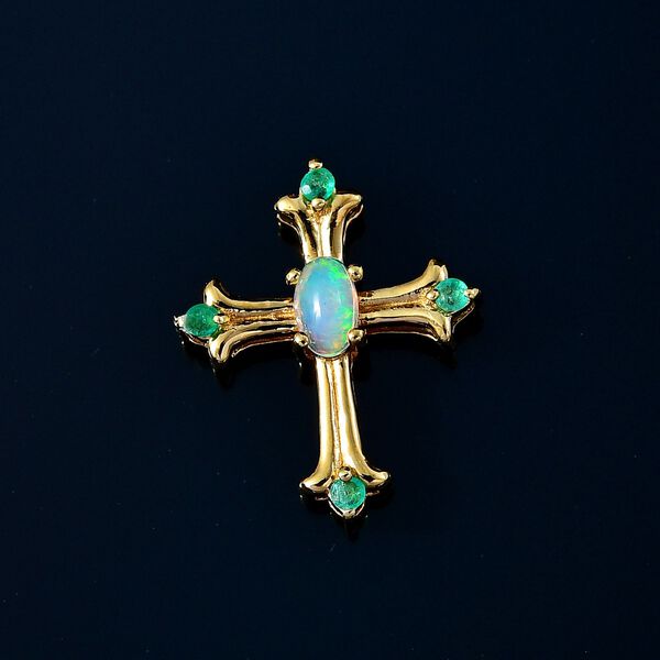 AA Natürlicher, äthiopischer Welo Opal und Smaragd Kreuz-Anhänger, ca. 0,24 ct. image number 3