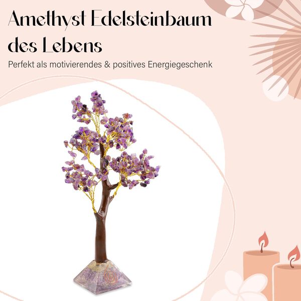 LIVMORE Edelsteinbaum mit Orgonit Basis, Amethyst, Sieben Chakren, 23cm, 230 Perlen, Lila image number 4