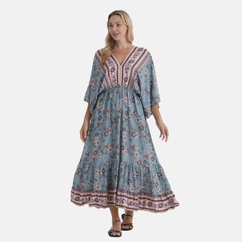 " 1.100% Viscosse Plain Weave 2. Placement Print 3. Elastic Waist 4. Kimono Style Sleeves 5. Teired Hem 6. Back Tie ClosureMaterial :100% viscosebust 38CM*length 135CM bust(EXTENDED)62CM Weight:320g Color:blue  base with print "
