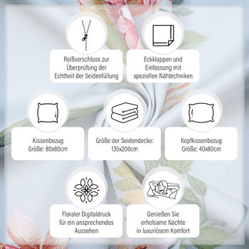 SERENITY NIGHT: 3er-Set - Seidensteppdecke und 2 Kissenbez&uuml;ge, Blumenmuster, Blau&nbsp;