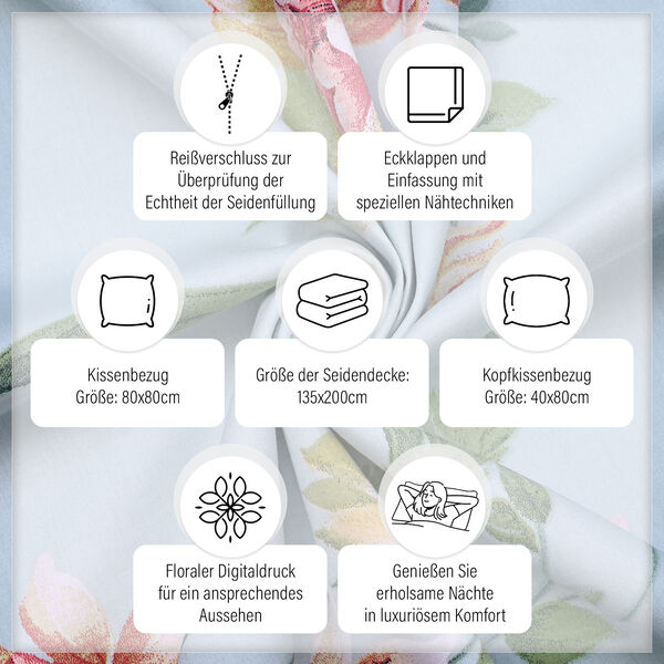SERENITY NIGHT: 3er-Set - Seidensteppdecke und 2 Kissenbez&uuml;ge, Blumenmuster, Blau&nbsp; image number 3