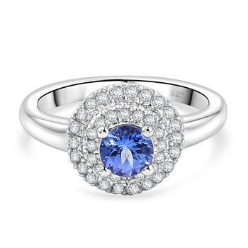 Tansanit und Zirkon-Ring, 925 Silber platiniert (Gr&ouml;&szlig;e 17.00) ca. 0,90 ct