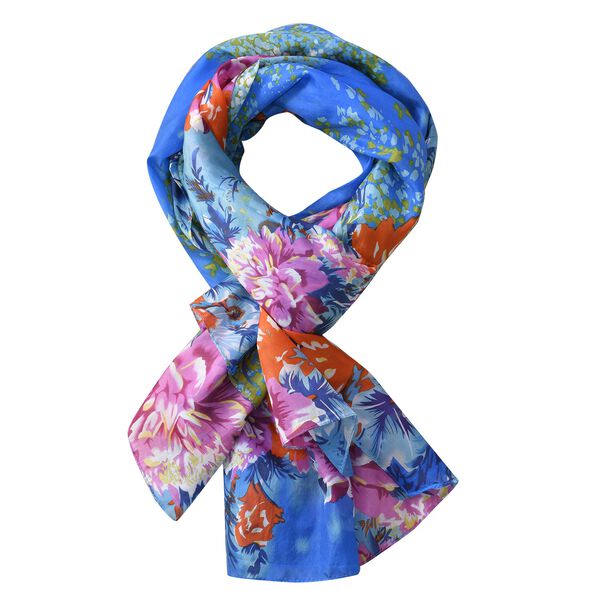 LA MAREY 100% bedruckter Seidenschal, Blumenmuster, Gr&ouml;&szlig;e 110x178 cm, Blau