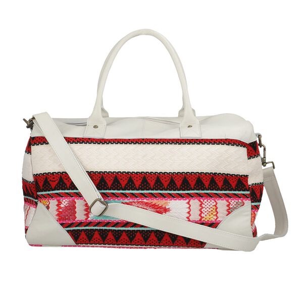 Stilvolle Weekender-Tasche aus 100% echtem Leder mit handgewebtem Dekor, wei&szlig;