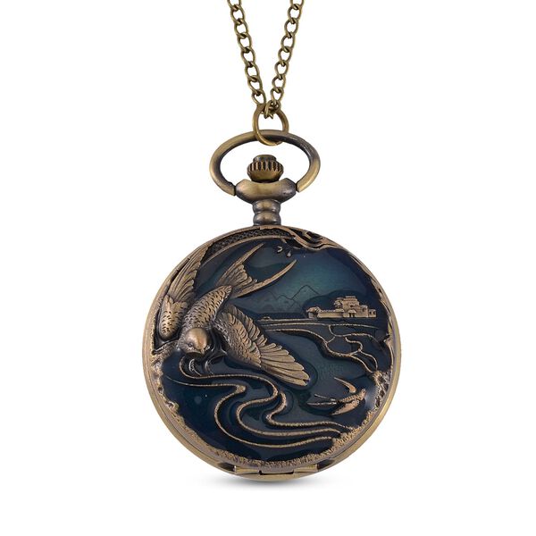 STRADA Antike Bronze Schwalbenmuster Taschenuhr, Japanisches Werk, 79 cm antike bronzene Eisenkette image number 0