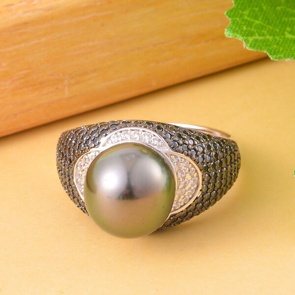 Tahiti-Perle, wei&szlig;er Zirkon und schwarzer Spinell-Ring, 10-11 mm - 1,17 ct. image number 2