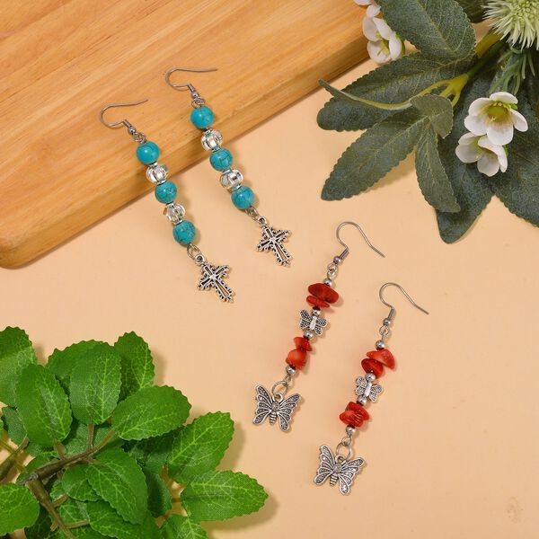 Blauer Howlit, Rote Koralle Schmuckset Reiner Edelstahl Schwarz oxidiert und Legierung Schwarz oxidiert ca. 75.00 ct image number 2