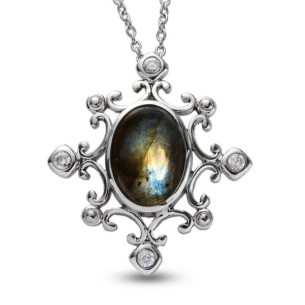 Labradorit und Zirkon Anh&auml;nger mit 50cm Kette - 6,88 ct.