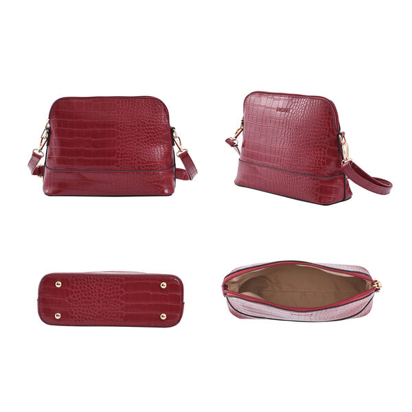 Passage - 4er-Set, Handtasche, Crossbody Tasche, Clutch und Brieftasche mit Kroko-Prägung, Blumenmuster, Burgunderrot image number 3