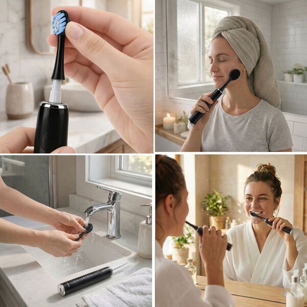 LIVMORE Sonic elektrische Zahnb&uuml;rste mit 3 Zahnb&uuml;rstenk&ouml;pfen und 1 Silikon-Zungenb&uuml;rstenkopf, 24,5x2,5cm, Schwarz image number 2