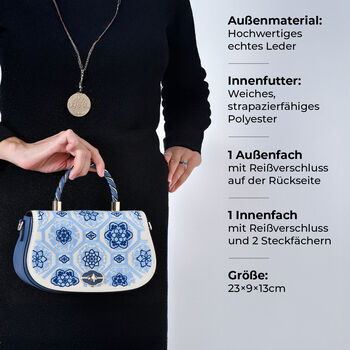 GRAND PELLE Umh&auml;ngetasche aus echtem Leder, Florale Gitterstickerei, mit Tragegriff und Schulterriemen, 23&times;9&times;13 cm, Blau