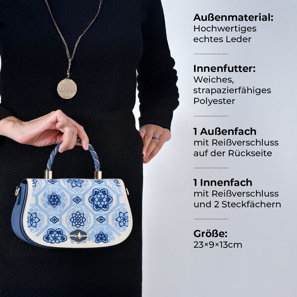 GRAND PELLE Umhängetasche aus echtem Leder, Florale Gitterstickerei, mit Tragegriff und Schulterriemen, 23×9×13 cm, Blau image number 3