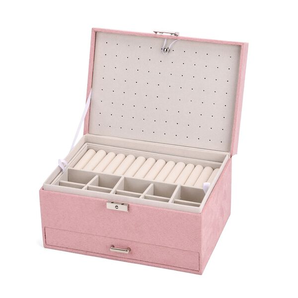 4-lagige Schmuckbox aus Samt mit 10 Silberputzt&uuml;chern, 23,8&times;17&times;14,2 cm, Rosa image number 5