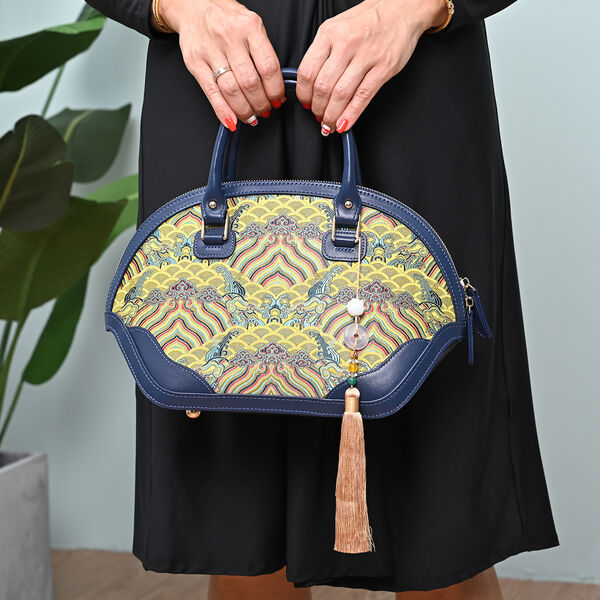 Seidenbrokat Tasche aus 100% Leder mit natürlicher Jade Quaste, Größe 35x23x13 cm, Dunkelblau und Gelb image number 3