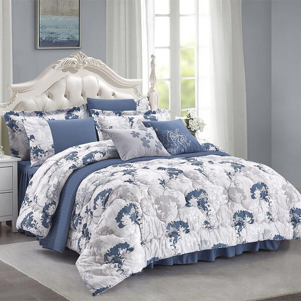 SERENITY NIGHT: 2er-Set, Bettdecke mit Kissenbezug, florales Muster, allergiefreundlich, Beige-Blau