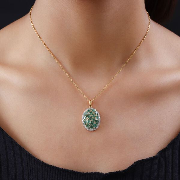 Kagem sambischer Smaragd und Zirkon-Cluster-Halo-Anh&auml;nger, 925 Silber vergoldet, 3,33 ct. image number 2