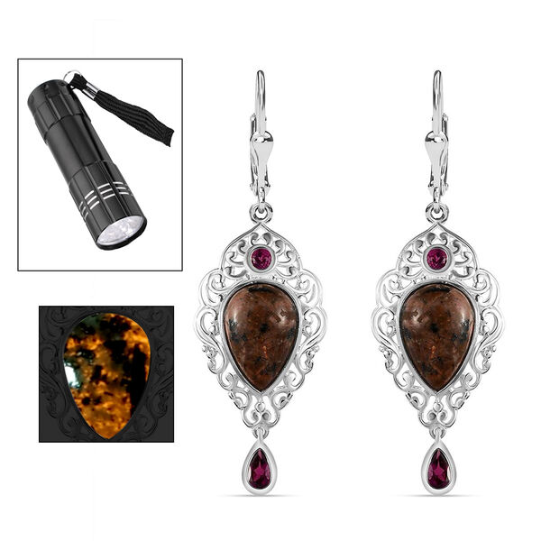 Handgearbeitete, nat&uuml;rliche Yooperlith und Rhodolith Granat-Ohrringe, 925 Silber ca. 6.74 ct