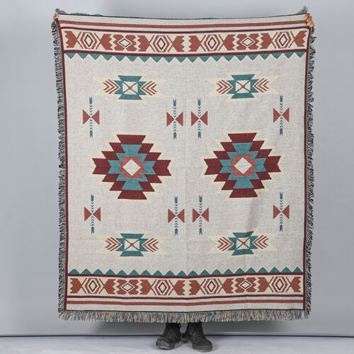 Jacquard gewebte Häkeldecke mit Fransen, Santa-Fe-Muster, Größe 130x150 cm, Elfenbeinfarben image number 0