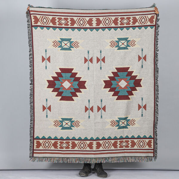 Jacquard gewebte Häkeldecke mit Fransen, Santa-Fe-Muster, Größe 130x150 cm, Elfenbeinfarben image number 0
