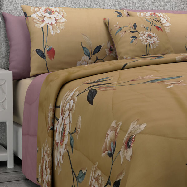 SERENITY NIGHT: 3er-Set - Seidensteppdecke und 2 Kissenbez&uuml;ge, Blumenmuster, Senf und Mauve&nbsp; image number 3