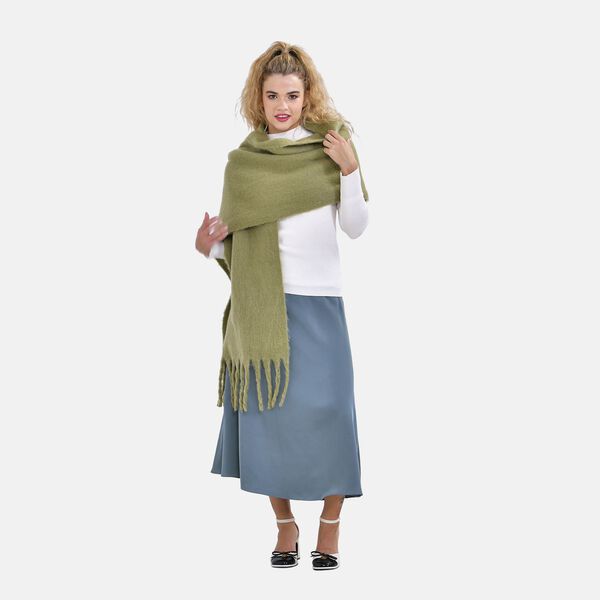 Oversized Damen Winterschal mit Fransen, Khaki
