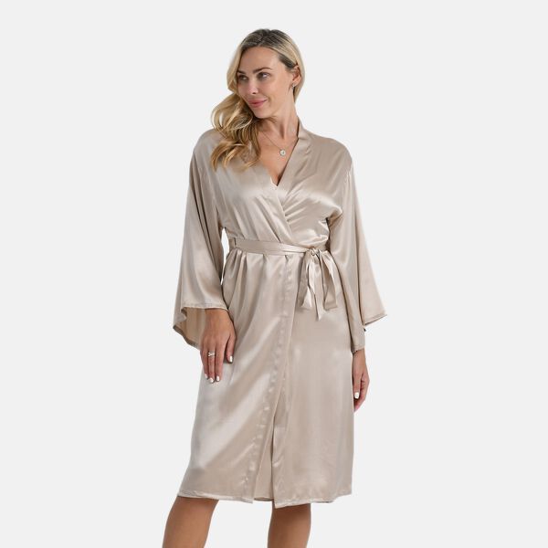 LA MAREY Kimono mit Gürtel aus 100% Maulbeerseide, Champagner, Einheitsgröße image number 4