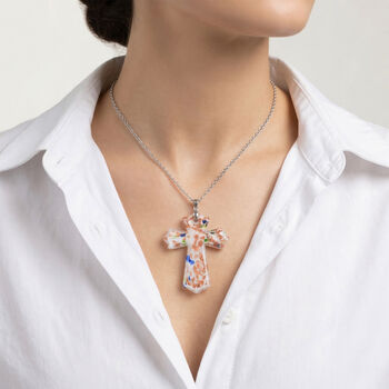 Kreuz-Anh&auml;nger im Murano-Stil  mit 60cm Kette, Wei&szlig;