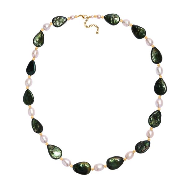 Gefärbte grüne Jade, Weiße Süßwasser Perle Halskette ca. 45 cm Edelstahl vergoldet image number 3