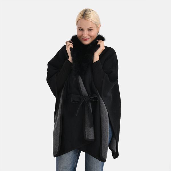 LA MAREY - Poncho mit Kunstfellkragen und G&uuml;rtel, One Size, Schwarz image number 3