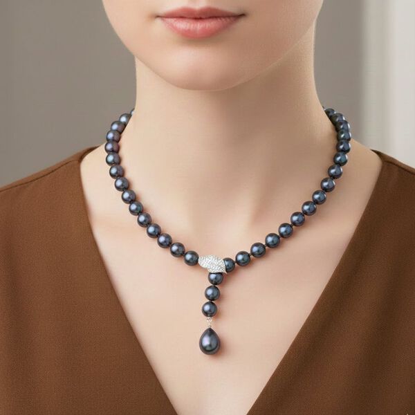 Pfaufarbene 8mm Muschelkernperle und wei&szlig;e Zirkonia 60cm Halskette image number 3