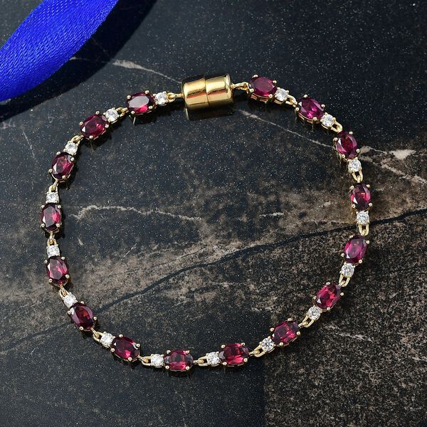D'Joy Rhodolith Granat, Weißer Zirkon Armband ca. 18 cm 925 Silber 750 Gelbgold Vermeil ca. 10.46 ct image number 1