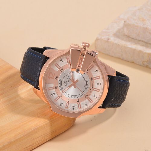 GENOA TIME V2 - Japanisches Datumswerk mit Blauem Lederarmband, Silber-Akzenten und Einzigartigem Zifferblatt-Design, Wasserdicht, 25 cm, ca. 79,00g, rosefarben image number 1