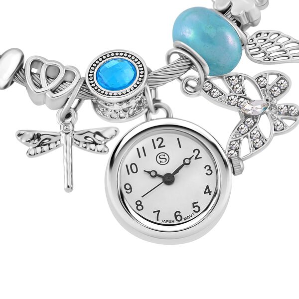 STRADA - Japanisches Uhrwerk mit wei&szlig;em Kristall, Stahl-Glanz, blaue Perlen und Charms, Edelstahl image number 5