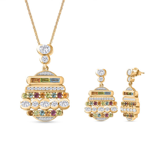 GP Art D&eacute;co Kollektio- Multi-Edelstein und blauer Saphir Anh&auml;nger mit 50cm Kette und Ohrringe