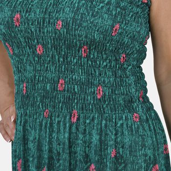 TAMSY - Gesmoktes Maxi-Kleid, Sommerkleid, Pfaunmuster, gr&uuml;n