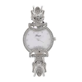 GENOA TIME V2 Kristall Uhr mit japanischem Miyota-Uhrwerk und schwarzem Lederarmband in Silberton, 24cm
